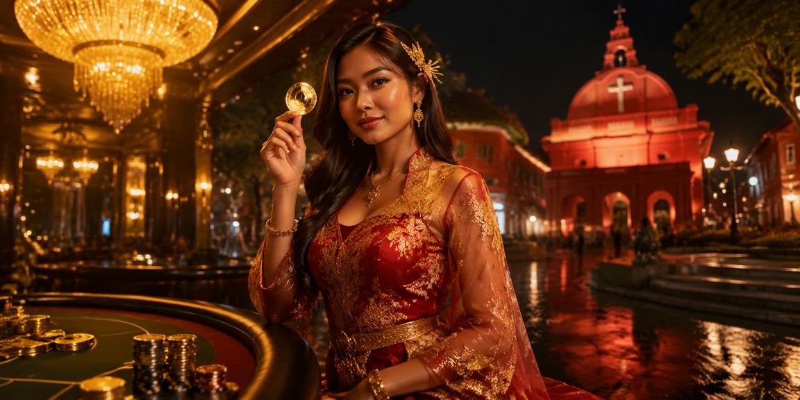 Suasana hiburan kasino gaya Melayu di Melaka dengan pencahayaan malam